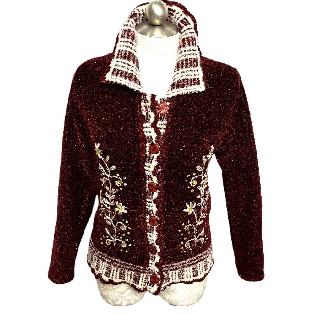 Cardigan Sparkley Embroidered Boho Cranberry Sweater by Murti Size Large